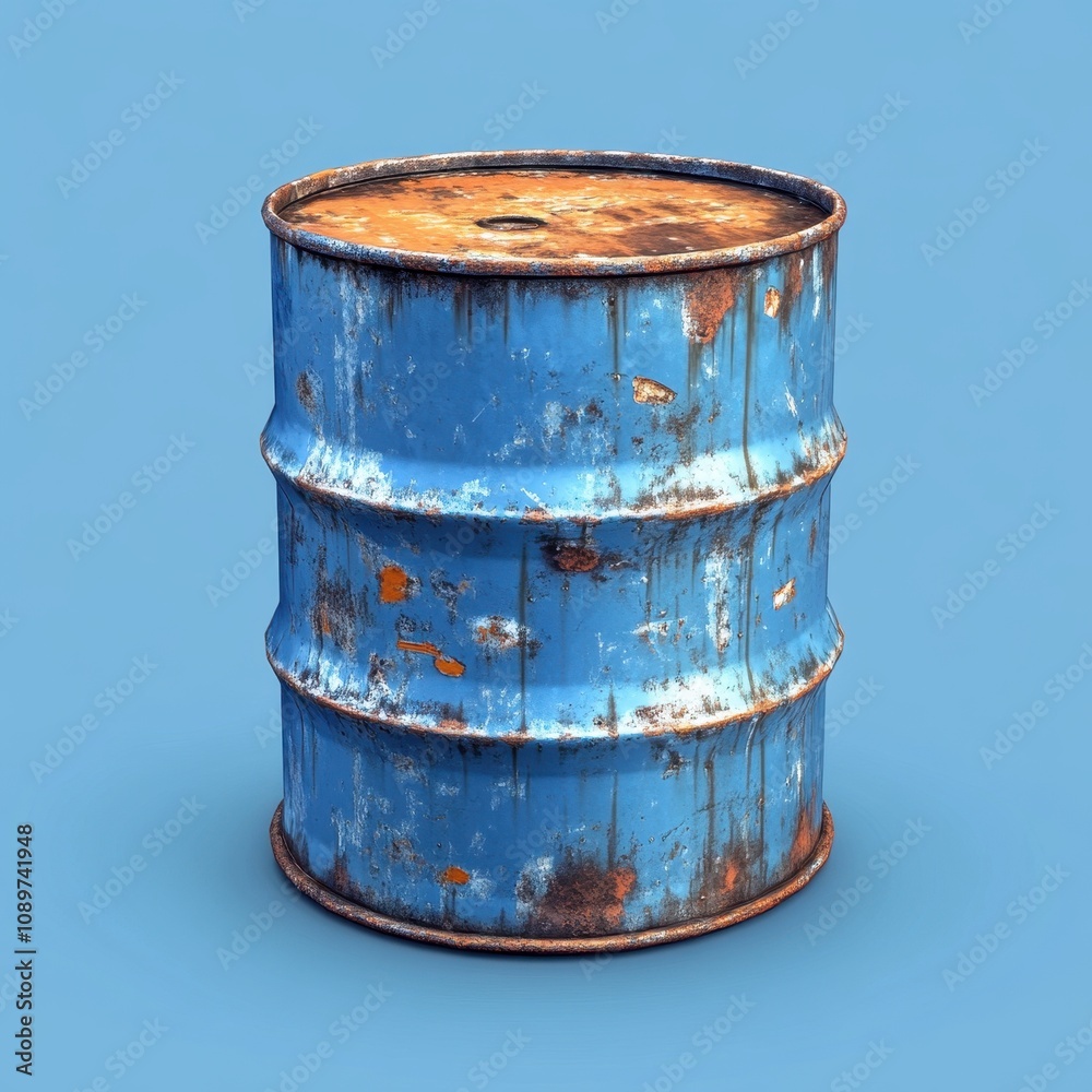 Rusted and Weathered Metal Barrel Against a Vibrant Blue Background Rusted and Weathered Metal Barrel Against a Vibrant Blue Background