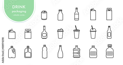 Drink packaging line icon set. Collection of beverage containers for water, milk, coffee, soda, yogurt, juice, alcohol. Plastic, glass and metal. Editable stroke. Vector illustration isolated on white