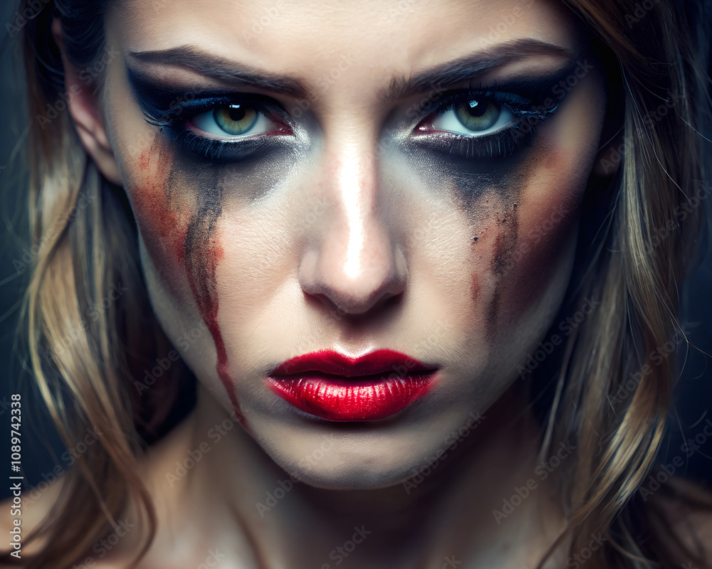 A portrait of a woman with smudged makeup, evoking raw emotion, heartbreak, and vulnerability in an artistic composition.
