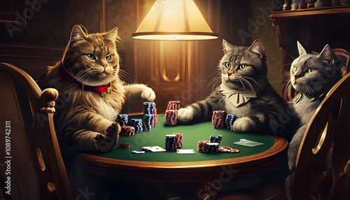 Cats playing Poker around a Table