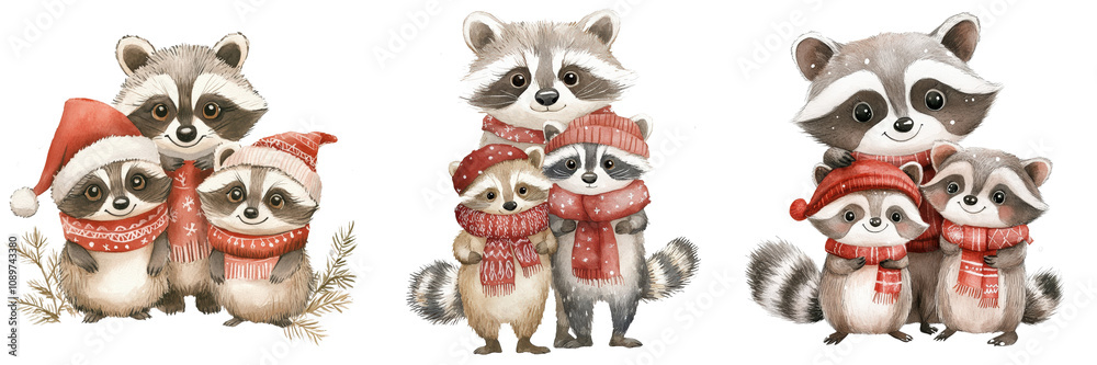 Fototapeta premium Cute Raccoon Families in Winter Hats Scarves Christmas Clipart