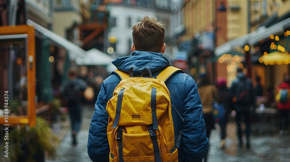 Fototapeta premium A person with a yellow backpack walks through a lively street filled with people and outdoor seating.