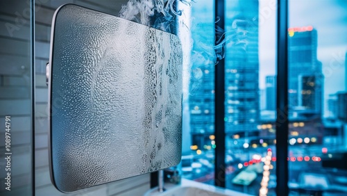 Steam-covered Bathroom Mirror with Vibrant Cityscape Behind photo