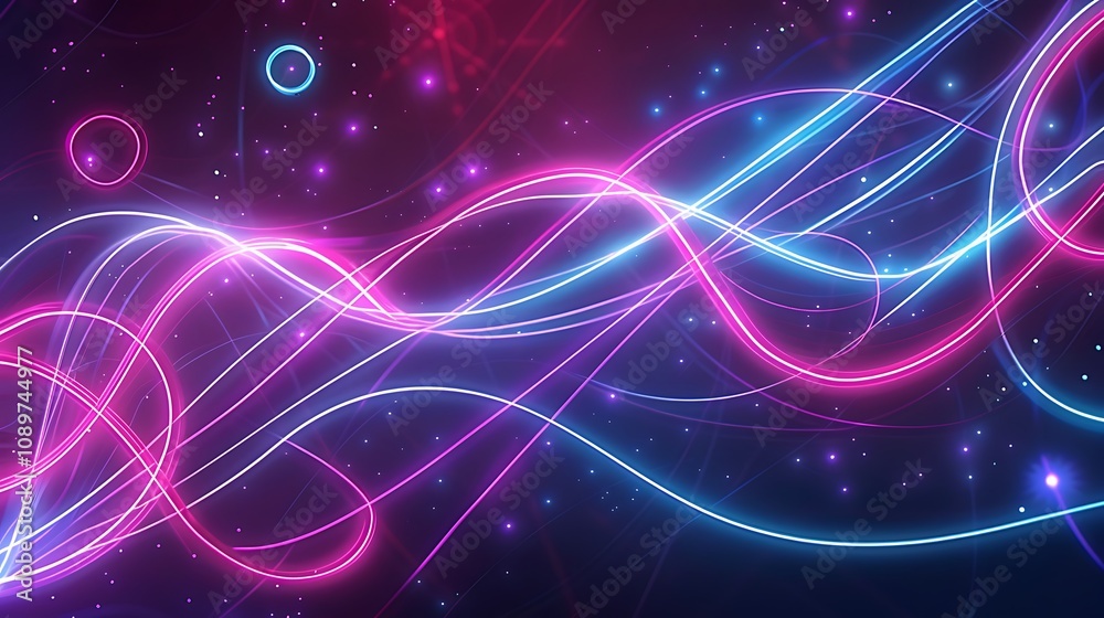 Fototapeta premium A dynamic neon lights pattern with glowing neon lines and circles in electric blue, purple, and magenta hues against a dark background