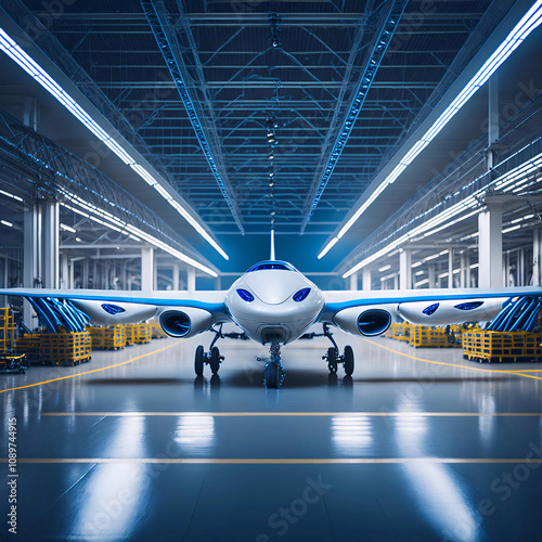 Modern Electric Aircraft in Futuristic Hangar