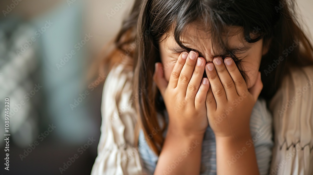 A young child covers their face with hands, expressing emotions of sadness or distress. A young child covers their face with hands, expressing emotions of sadness or distress.