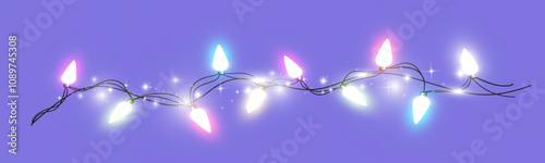 Colorful string lights on purple background with glowing bulbs and sparkling effects.