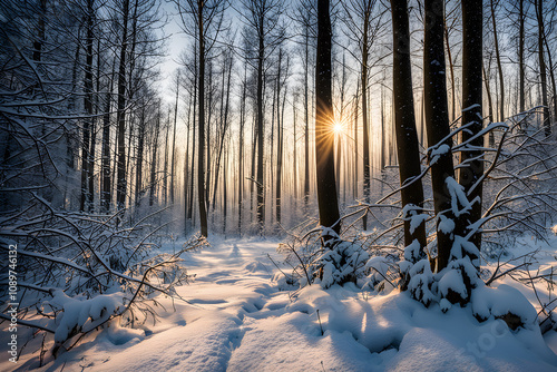 Winter forest at cold morning time. Sunset or sunrise in the winter  forest covered with a snow. The trees in the winter forest are covered with a thick layer of frost. The snow lies thickly on the gr photo