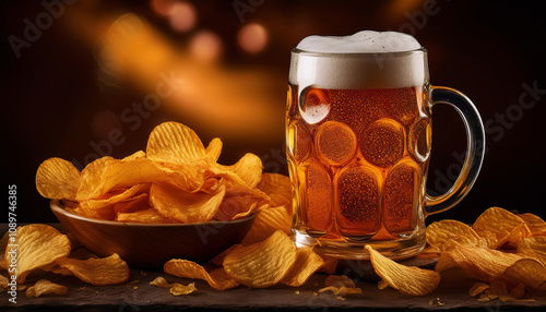 Mug of beer with cryspy chips, blurred background. Unhealthy fastfood photo