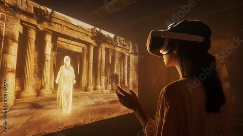 A person is engaged in a virtual reality experience, interacting with a holographic figure in a reconstructed ancient location. The atmosphere conveys a sense of wonder and discovery as they explore.