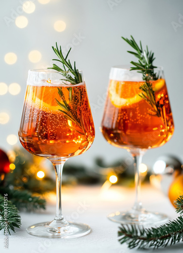 Two glasses of Aperol spritz cocktail with orange slices, ice cubes served on a table with Christmas decor