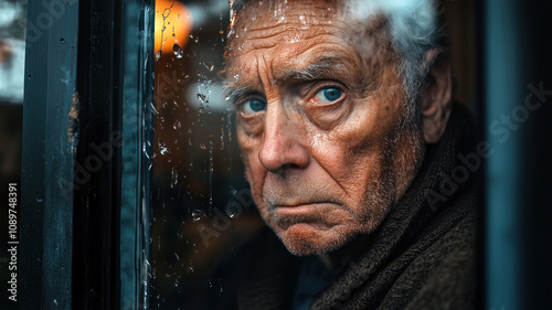 Elderly Man Gazing Saddened Out a Rain-Soaked Window Pane photo