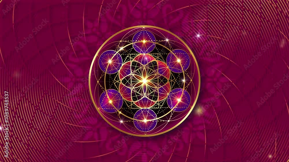 Video animation Metatron's Cube, Flower of Life. Golden Sacred geometry, graphic geometric torus, purple background. Mystic gold icon platonic solids, abstract geometric drawing, crop circles
