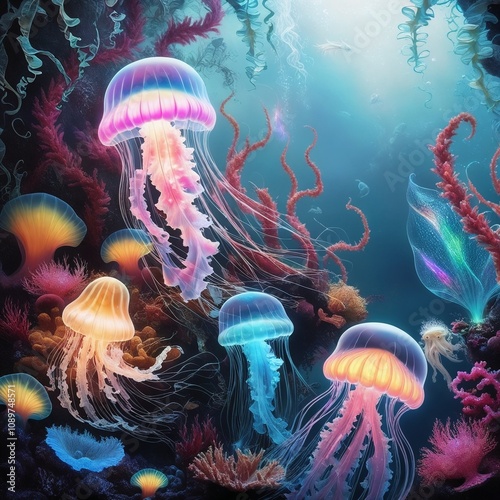 Colorful jellyfish swimming gracefully in vibrant underwater coral reef environment