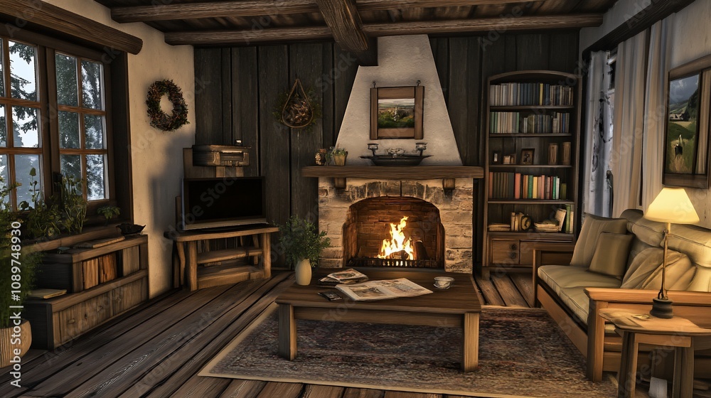 Fototapeta premium Cozy rustic living room with fireplace, bookshelves, and winter view.