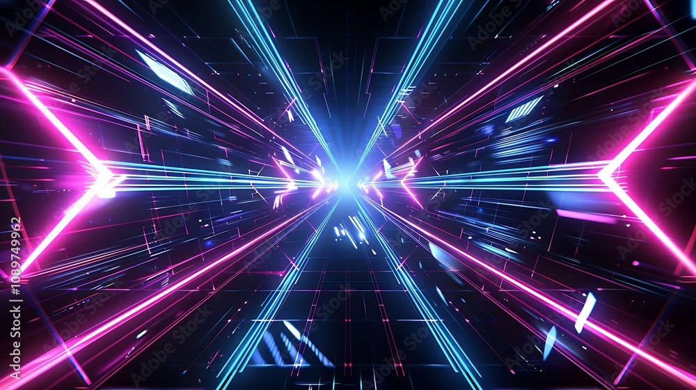 Fototapeta premium A futuristic abstract background with bright blue and pink lights forming geometric patterns against a black backdrop