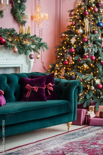 vintage inspired Christmas living room, featuring a deep emerald green velvet sofa, burgundy throw pillows adorned with velvet bows, and a navy blue rug photo