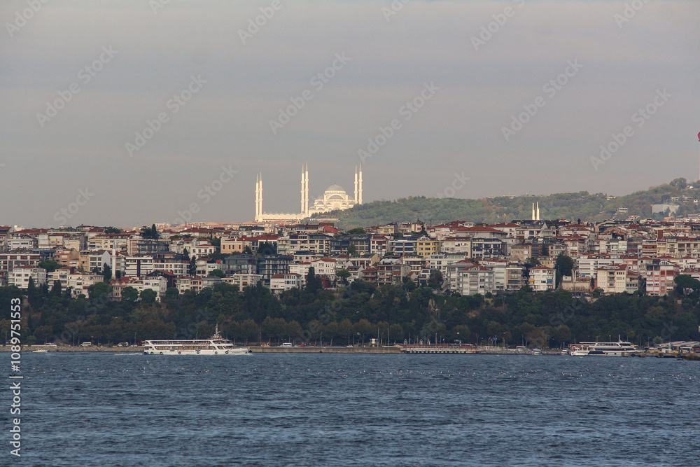 Fototapeta premium historic, building, landscape, bridge, view, scenic, panoramic, famous, turkiye, background, ottoman, skyline, destination, constantinople, bosphorus, landmark, road, sea, tower, aerial, culture, city