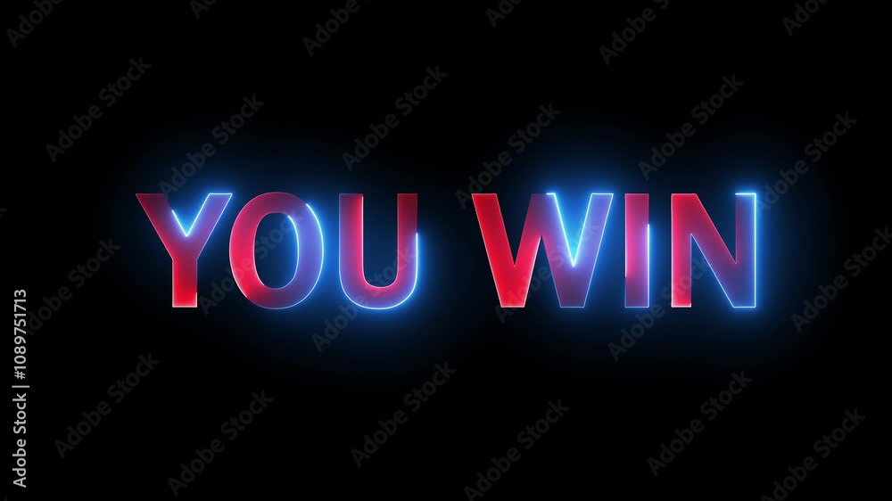 Animation of you win text with neon on red and blue color. glowing neon text background.