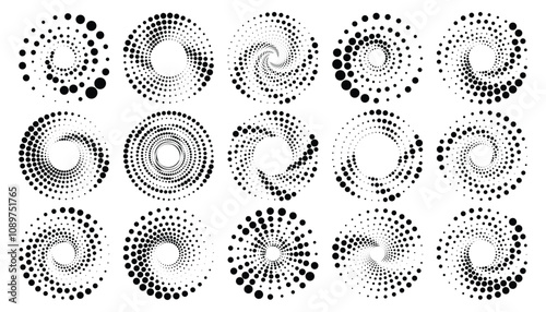 Halftone round elements, twisters, halftone circular textures with dots, radial halftone tornado