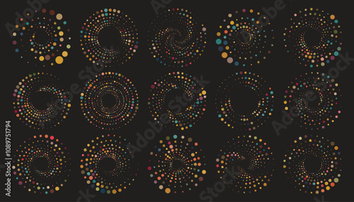Colorful halftone round elements set, twisters collection, halftone circular textures with dots, circle halftone tornado isolated on black background
