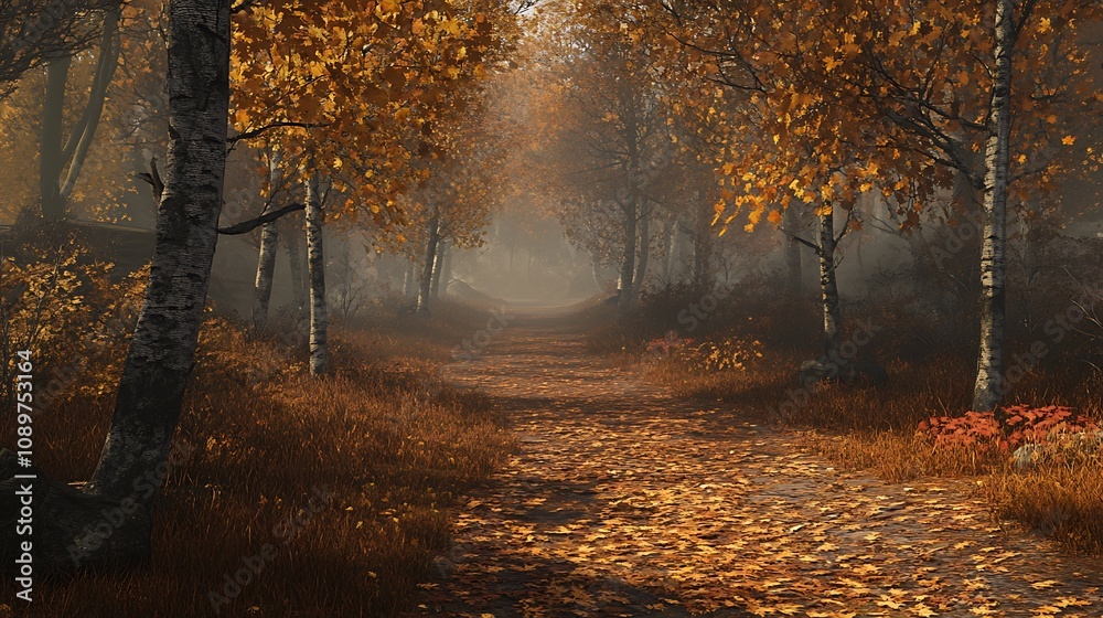 Obraz premium Misty autumn path through golden forest.