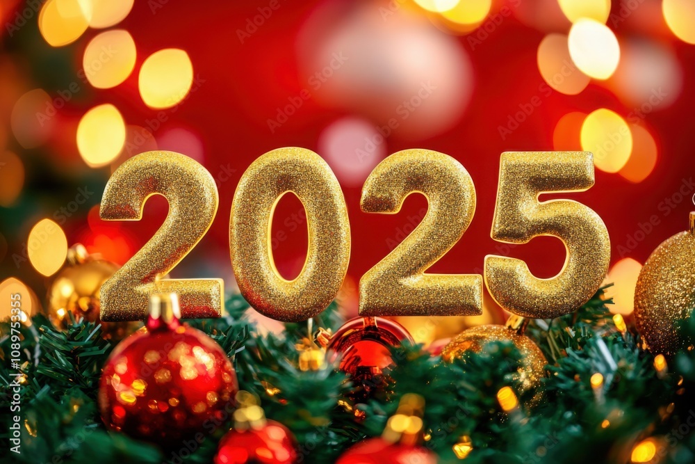 merry christmas and happy new year, number 2025 on bokeh background and christmas tree in year of snake 2025 merry christmas and happy new year, number 2025 on bokeh background and christmas tree in year of snake 2025
