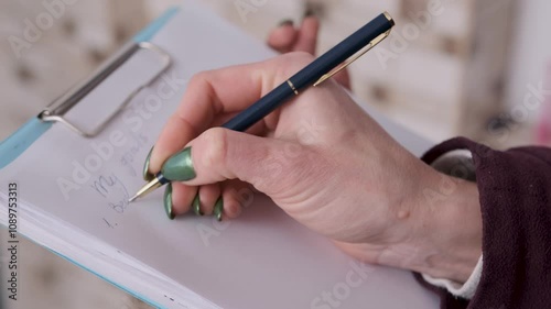 Close up of a woman's hands writing goals on a notepad, capturing the essence of ambition and planning in slow motion