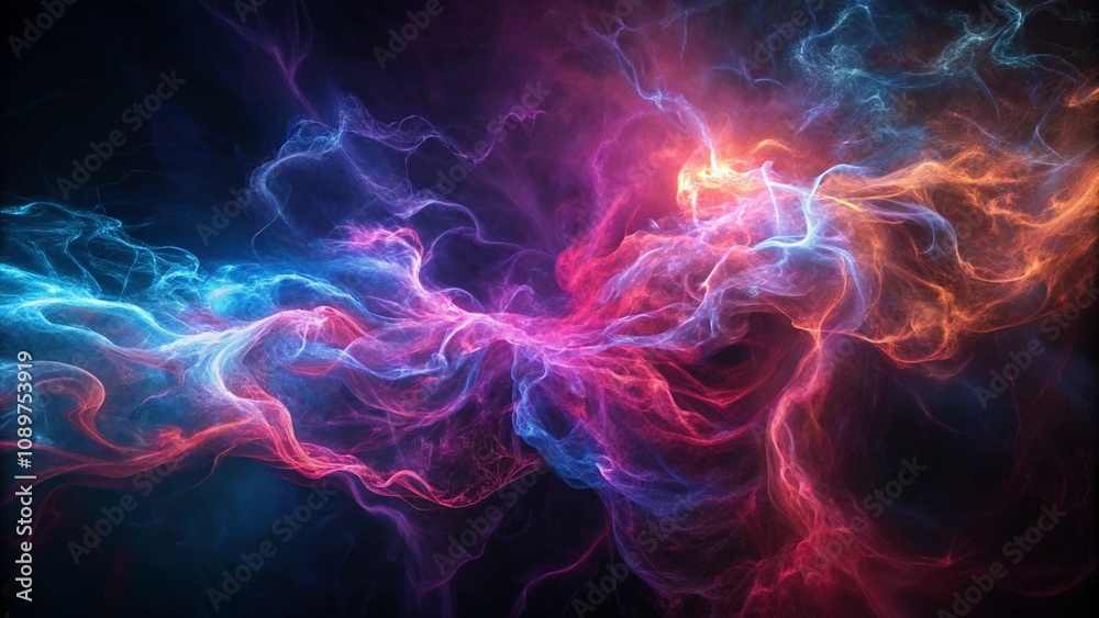 Fototapeta premium Electric smoke swirling in bright, neon colors against a dark background, creating an abstract, dynamic texture with a futuristic vibe