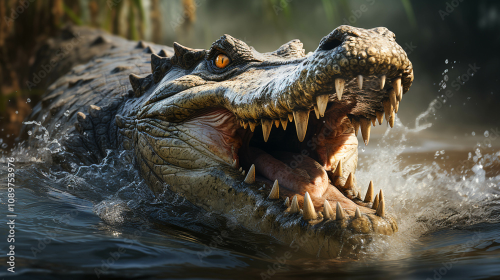 Fototapeta premium A large alligator in water with open mouth