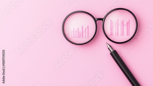 Data SEO And Engagement Concept. Stylish glasses reflect pink graphs on a pastel backdrop, accompanied by a sleek pen, symbolizing analysis and creativity in data interpretation.