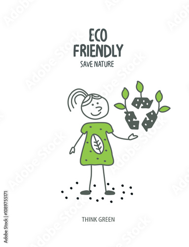Vector hand drawn cartoon sketch of girl holding up recycling sign.Recycling concept illustration. 