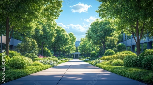 Trees line a walkway in a park with a building in the background