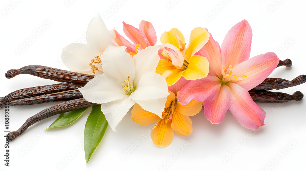 Exquisite Still Life Arrangement of Exotic Flowers and Madagascar Vanilla Pods on a Pristine White Background