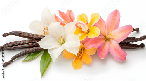 Exquisite Still Life Arrangement of Exotic Flowers and Madagascar Vanilla Pods on a Pristine White Background