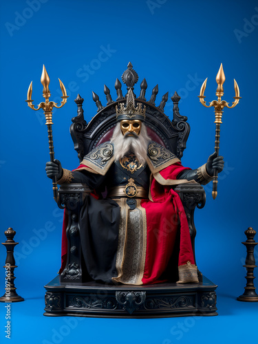 Full size photo of grandfather throne ancient warlord masquerade costume look empty space isolated on blue color background photo