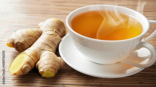 Tea and ginger blend. Ginger tea with fresh ginger root photo