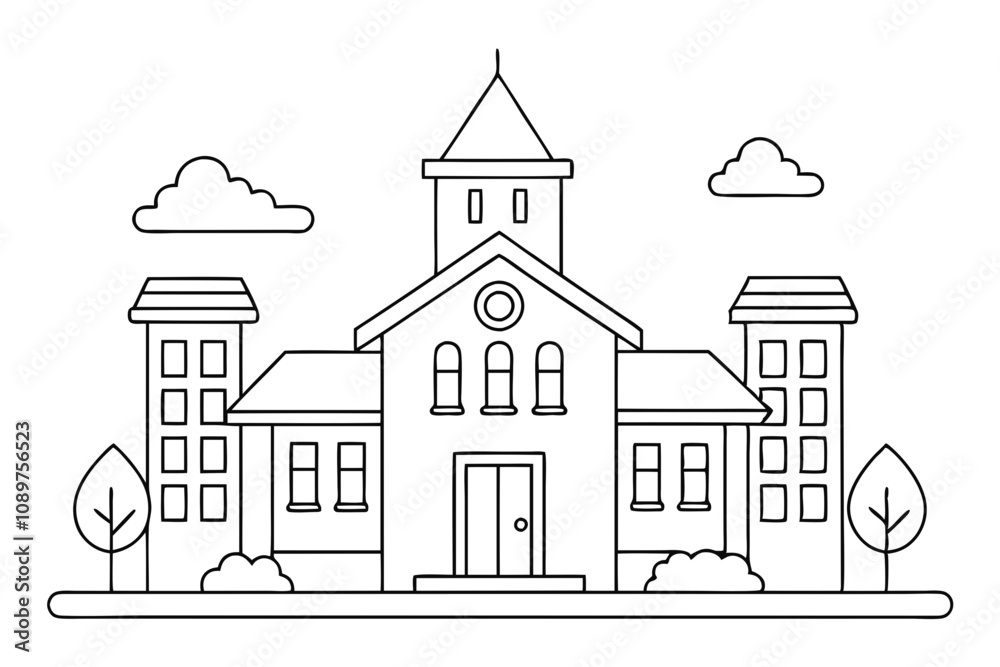 Fototapeta premium Line Drawing of a School- Kids' Coloring Page Book | Vector Illustration