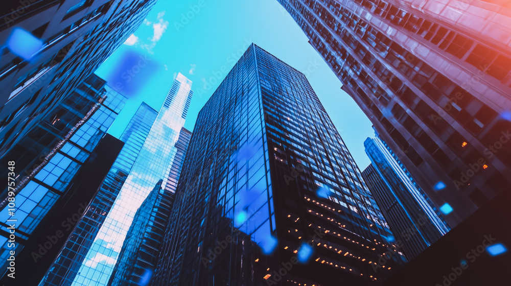 Obraz premium Smart digital Innovation Business skyscrapers in the Financial District with connection network reciprocity over the cityscape. of future smart wireless digital city and social media networking