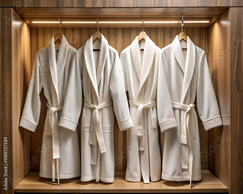 Four white bathrobes hanging neatly in a wooden closet, symbolizing luxury, cleanliness, and relaxation, ideal for a spa or home setting. photo