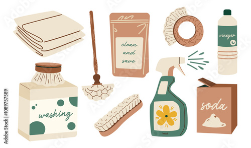 A set of illustrations of objects for eco-friendly cleaning. Safe cleaning products.