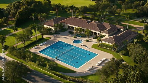 Aerial view of luxury resort clubhouse with pool and paddle tennis courts.