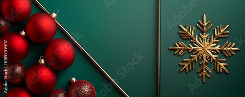 Asymmetrical design with bright classic red baubles on one side, emerald green backgground, gold bold snowflake on the other, thin geometric framing photo