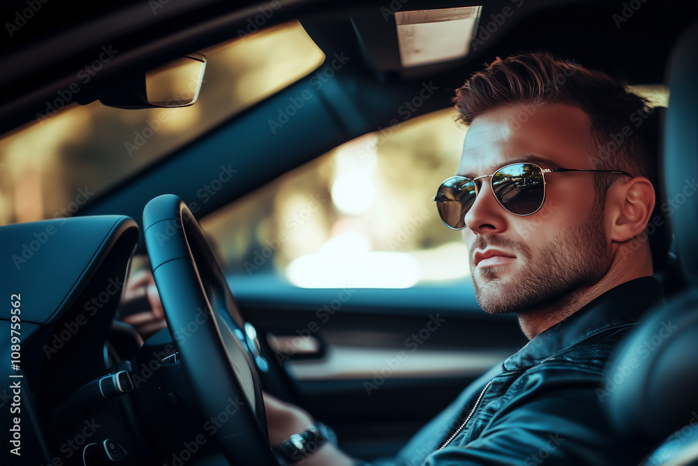 Man driving his car in the city. Man driving his car in the city.