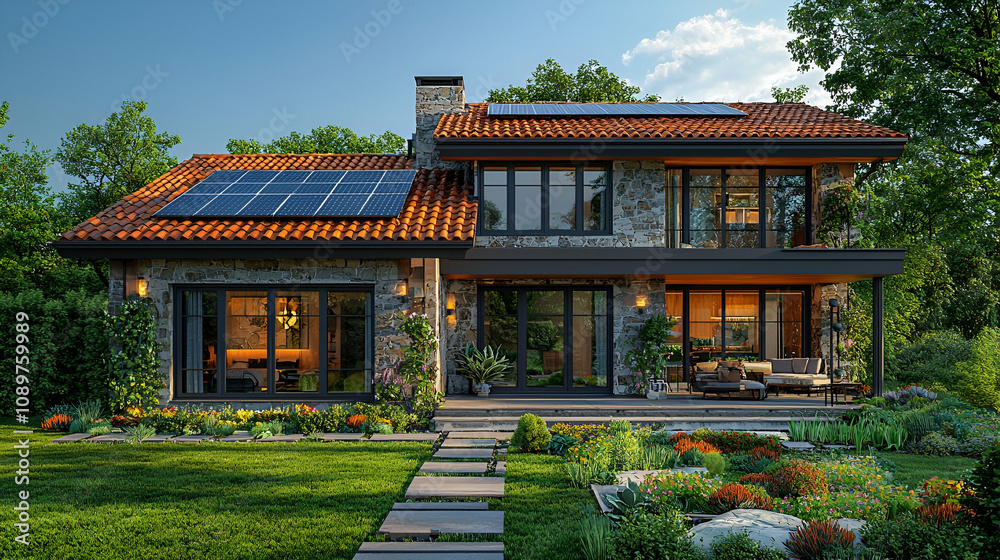 Obraz premium A modern home featuring solar panels, a lush garden, and contemporary design, blending nature with sustainable living.