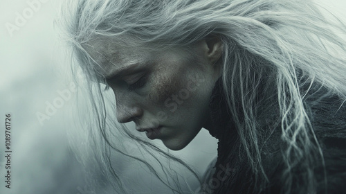 Close-up of a bansheeâs sorrowful face, her flowing silver hair merging into mist. photo