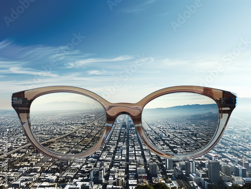 Clear vision perspective through glasses over background landscape