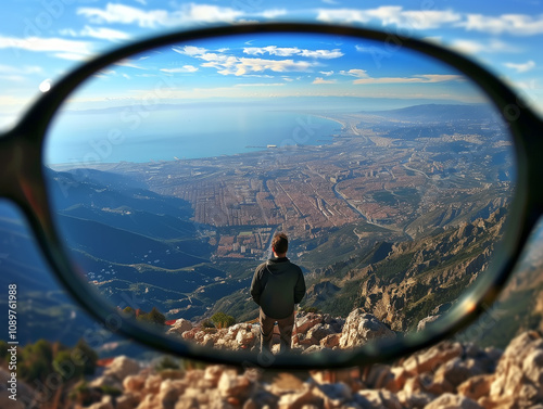 Clear vision perspective through glasses over background landscape