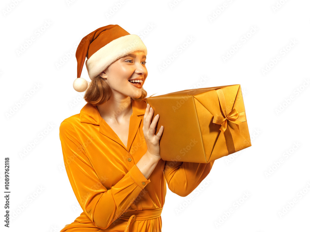Portrait of young beautiful woman with red Santa Claus hat holding gift isolated on transparent background, festive people, Christmas