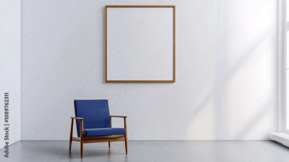 Fototapeta premium Single picture mockup poster hanging in the middle of white wall. Portrait large 50x70, 20x28, a3,a4. Empty wooden frame mockup. Clean, modern, minimal design. Indoor interior decor, show text, or pro